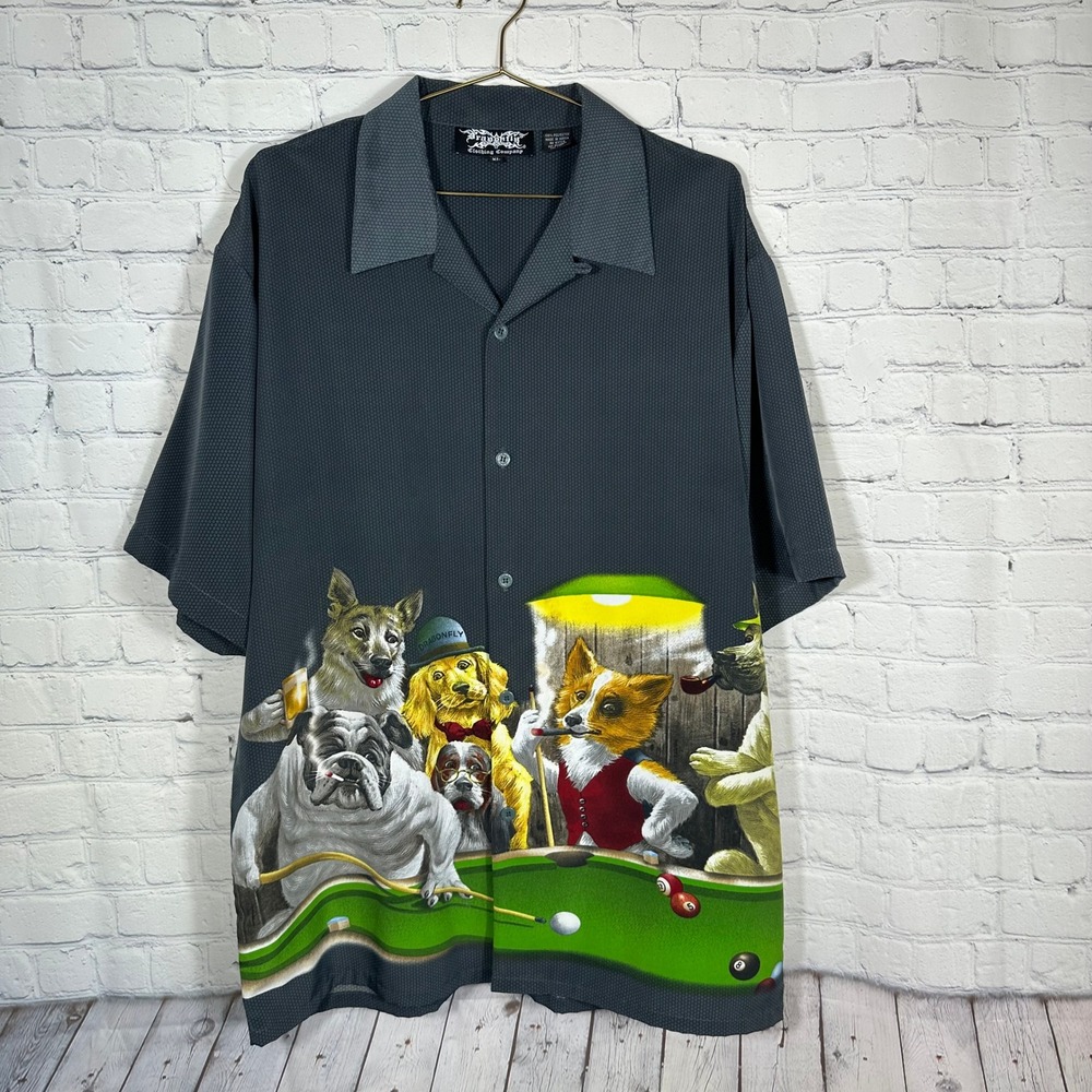 Dragonfly Clothing Co Mens XL Dogs Playing Pool Button Down Shirt Charcoal Grey